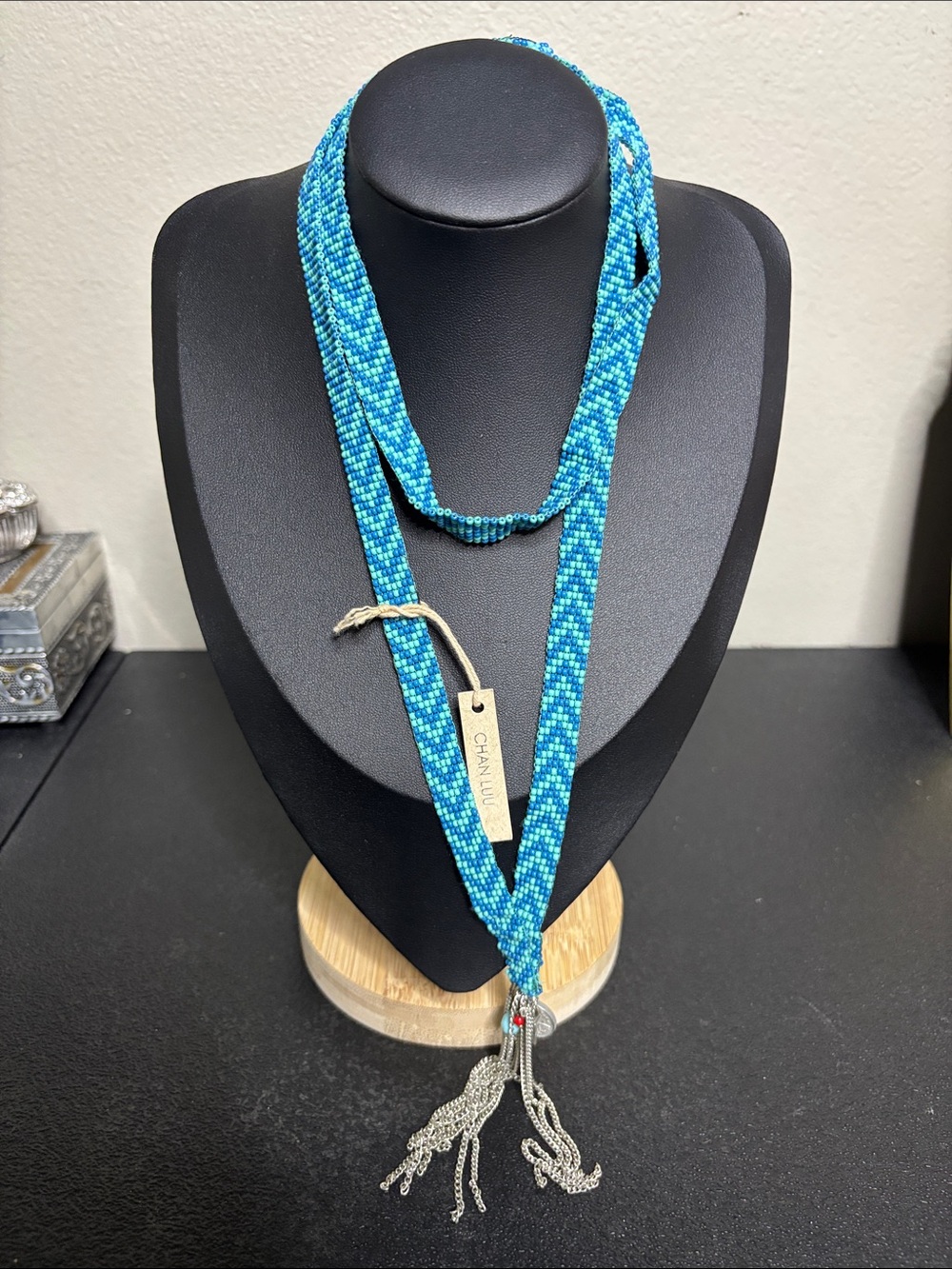 Chan Luu Turquoise Aqua Glass Seed Bead Rope Necklace with Silver Tassel